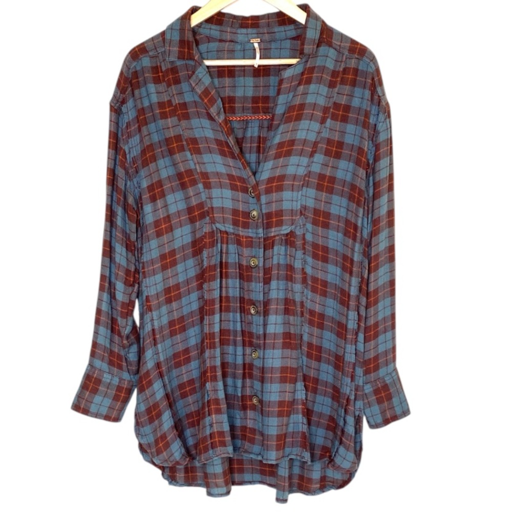 Free People Teal Blue and Brown Plaid Button-Down Tunic Shirt | Oversized Medium